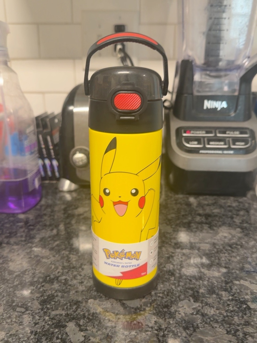 Thermos Yellow Pikachu Stainless Steel Water Bottle with Black/Red Lid